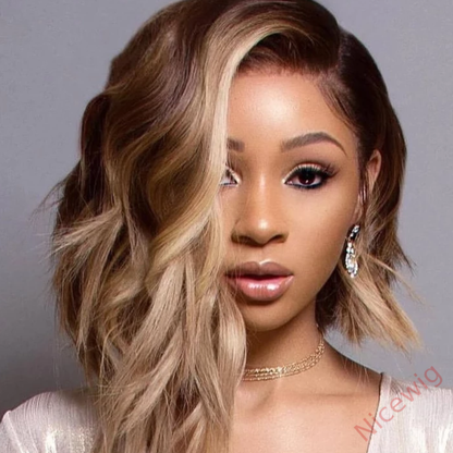 Black Gradient Light Brown Deep Wave Wig Short Bob Wig For Women